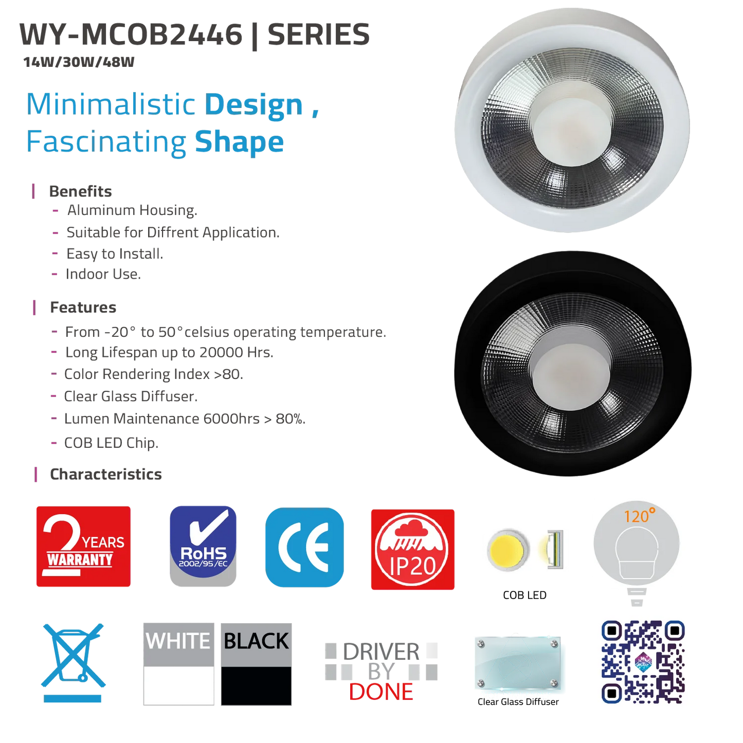Light fixture with specifications and features on a white background