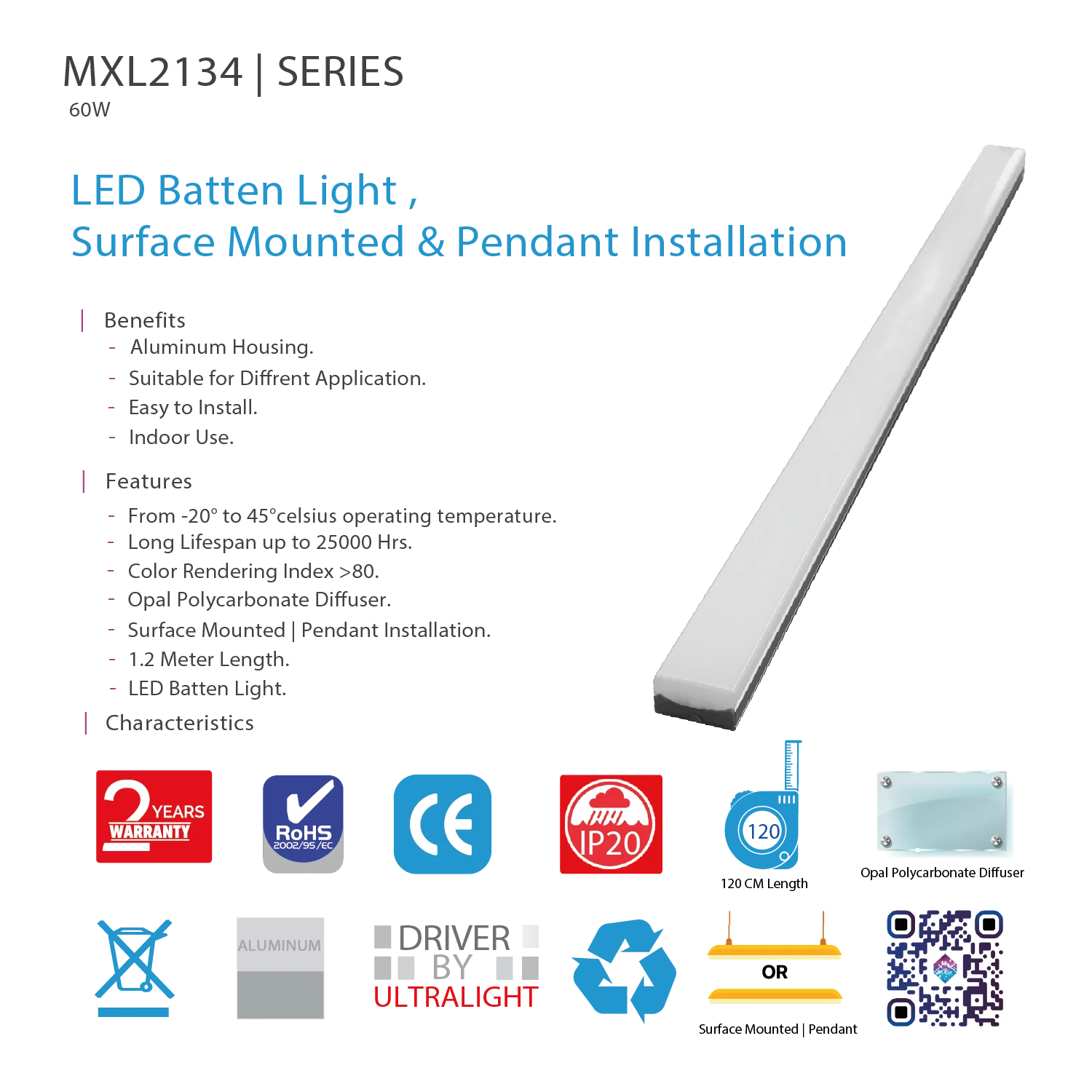 Ultralight LED Batten Light 1.2 Meter 60W (MXL2134)