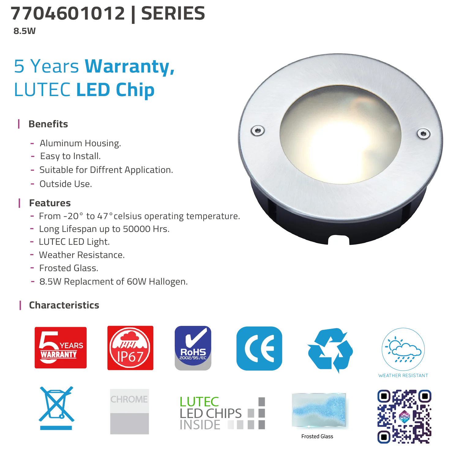 LED Inground Light 8.5W IP67 (UTL7046) - Recessed Outdoor Fixture with LUTEC Chip