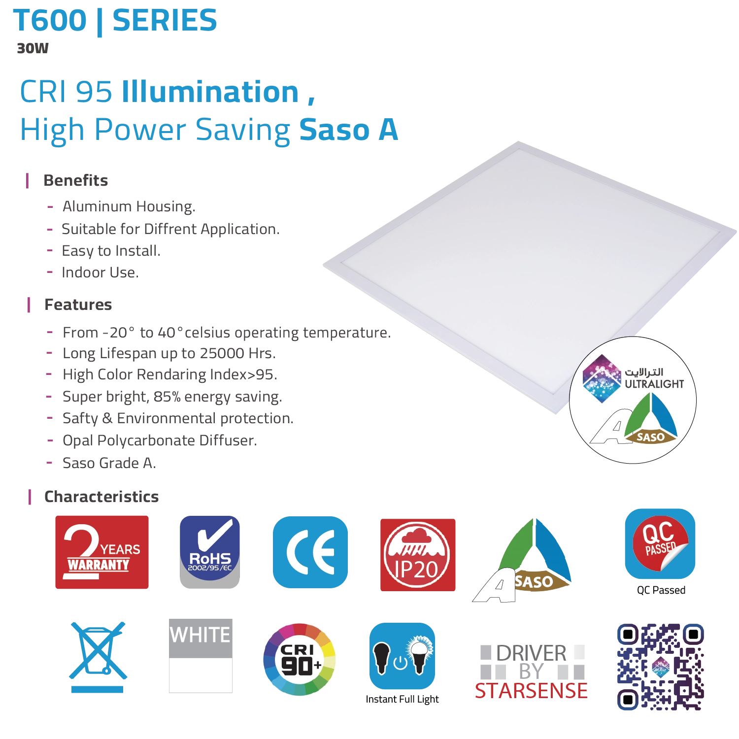 Ultra Light LED Panel Light 30W - CRI 95 High-Efficiency Lighting with Energy Saving (T600)