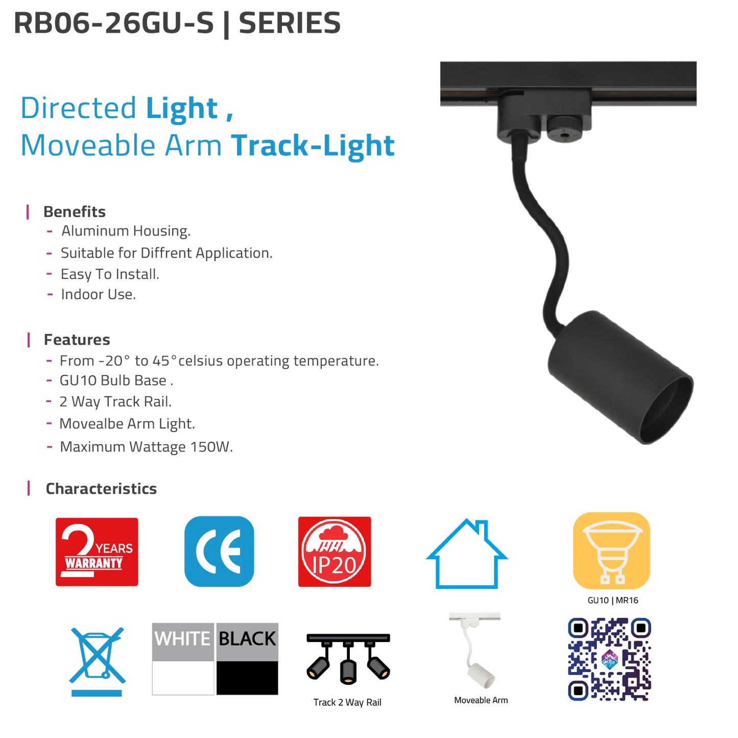 Ultralight Classic Track Light GU10 - Moveable Arm Indoor Spot Light (RB06-26GU-S)