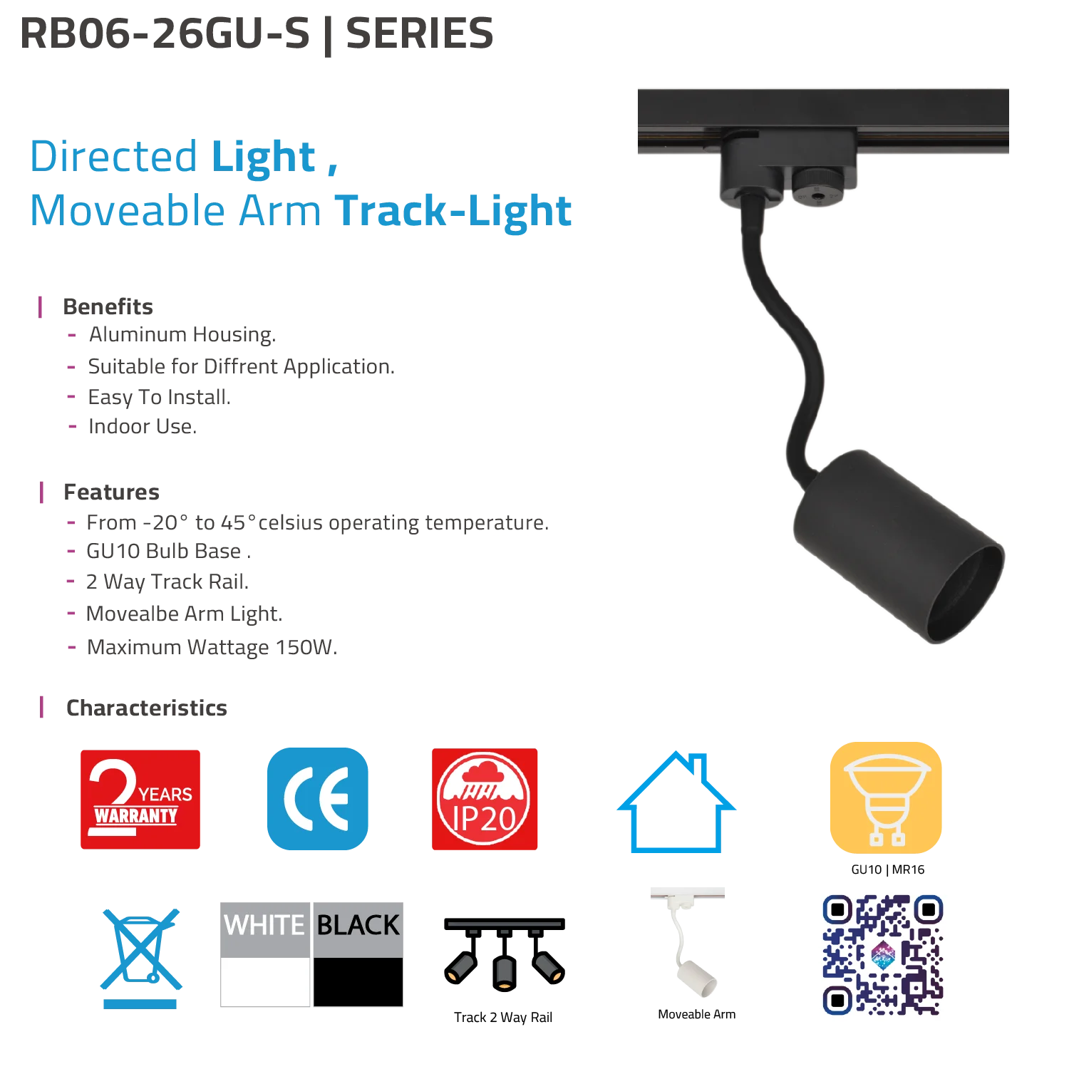 Ultralight Classic Track Light GU10 - Moveable Arm Indoor Spot Light (RB06-26GU-S)