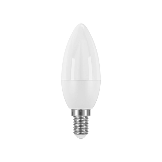 A white, conical LED light bulb with a clear base.