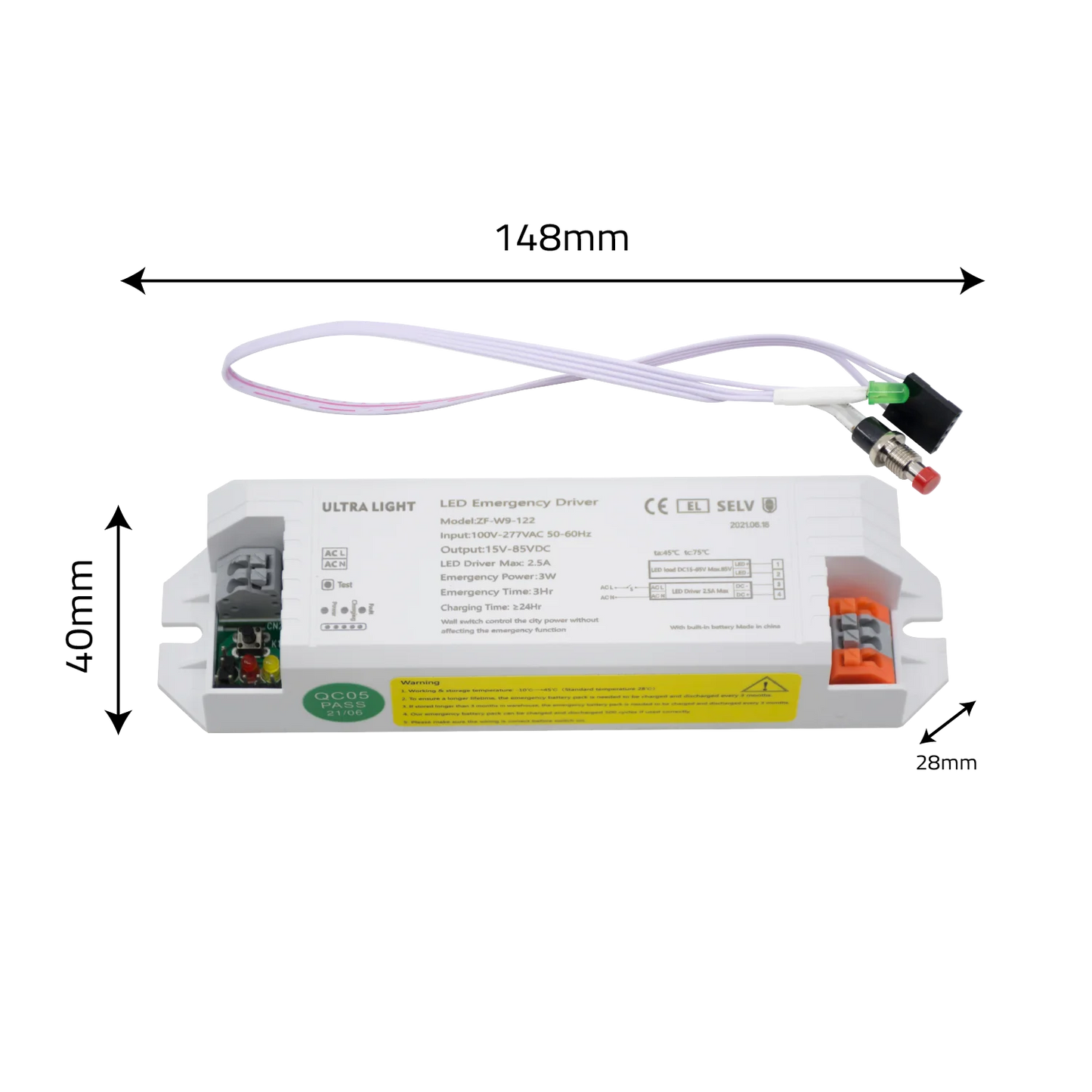 LED emergency driver with dimensions labeled on a white background