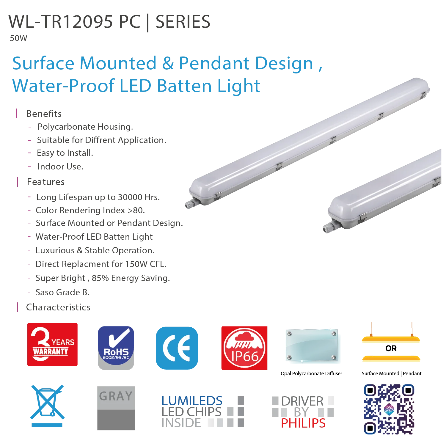 Ultralight Water Proof LED Batten Light 50W IP66 (WL-TR12095 PC)