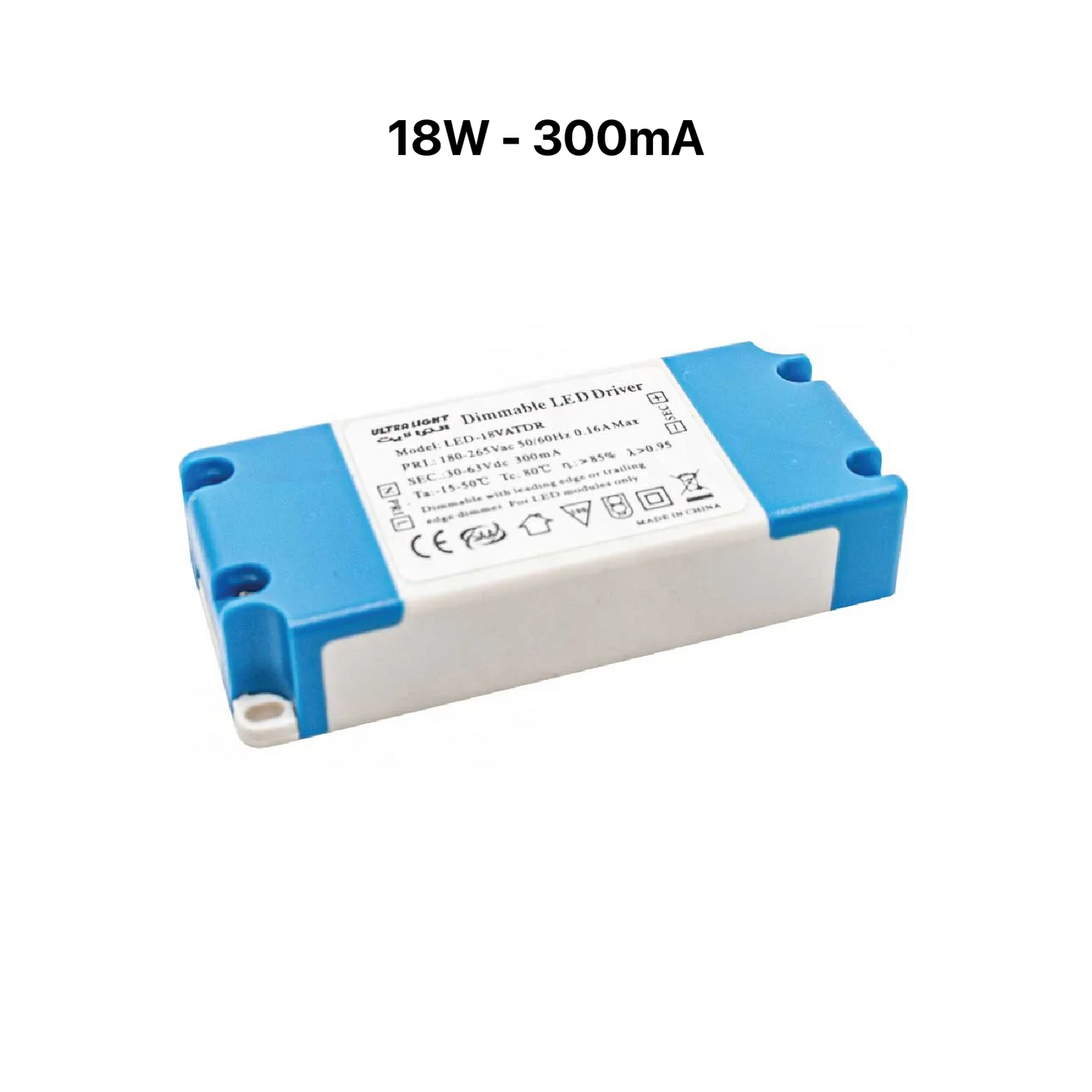 Rectangular electronic component with blue and white design on a white background, featuring '18W - 300mA' text.