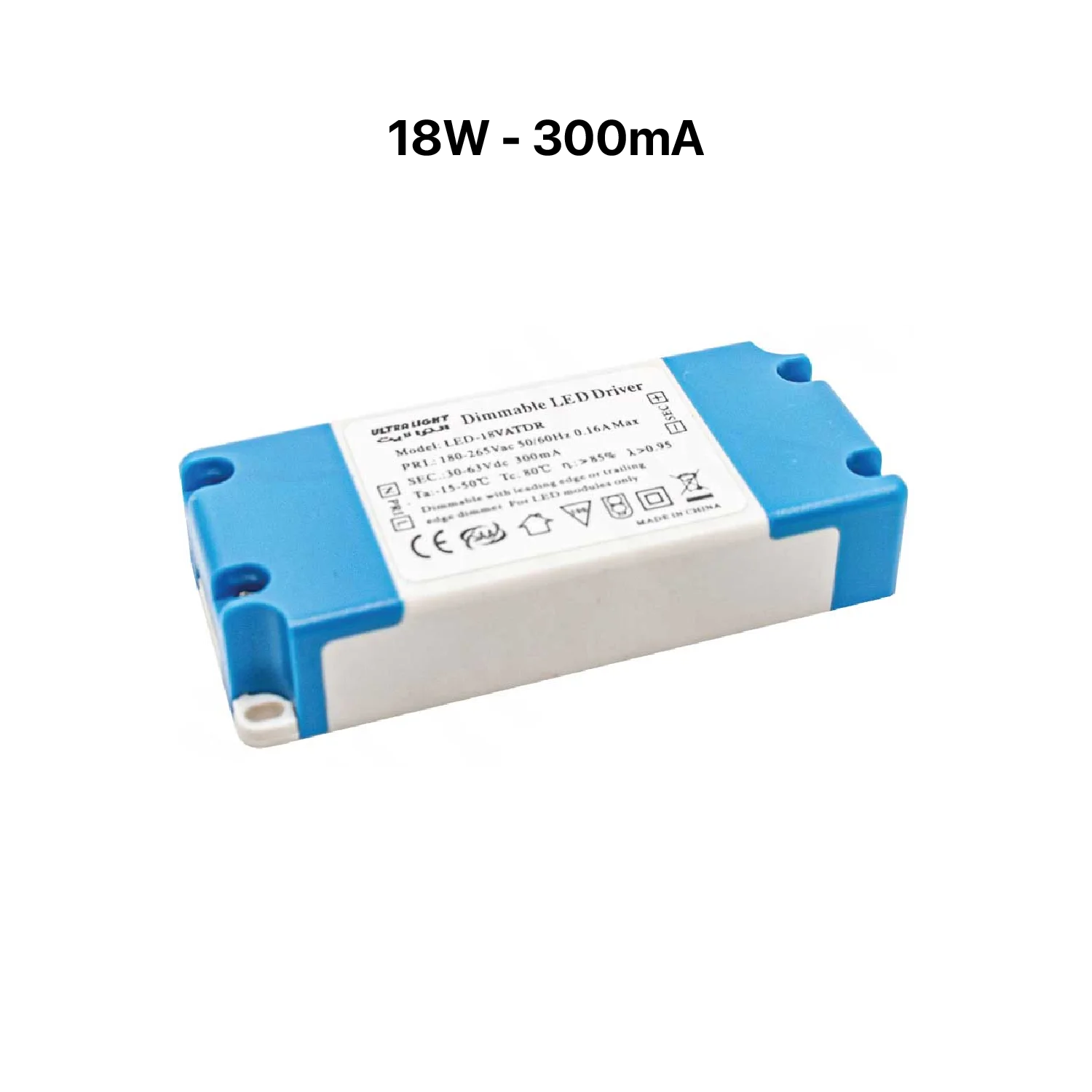 Rectangular electronic component with blue and white design on a white background, featuring '18W - 300mA' text.