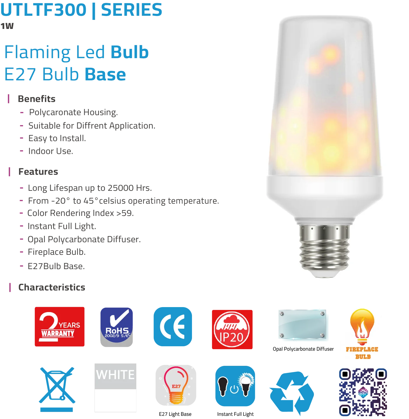 Ultra Light Flaming LED Bulb E27 1W (UTLTF300) – Decorative Fireplace Light