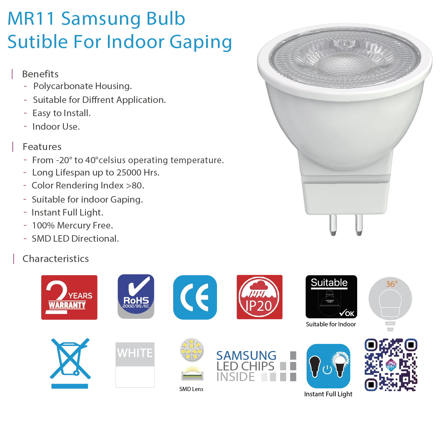 Ultra Light Small LED Bulb | MR11 Samsung LED 2W Indoor (UTL-14aM250ST)