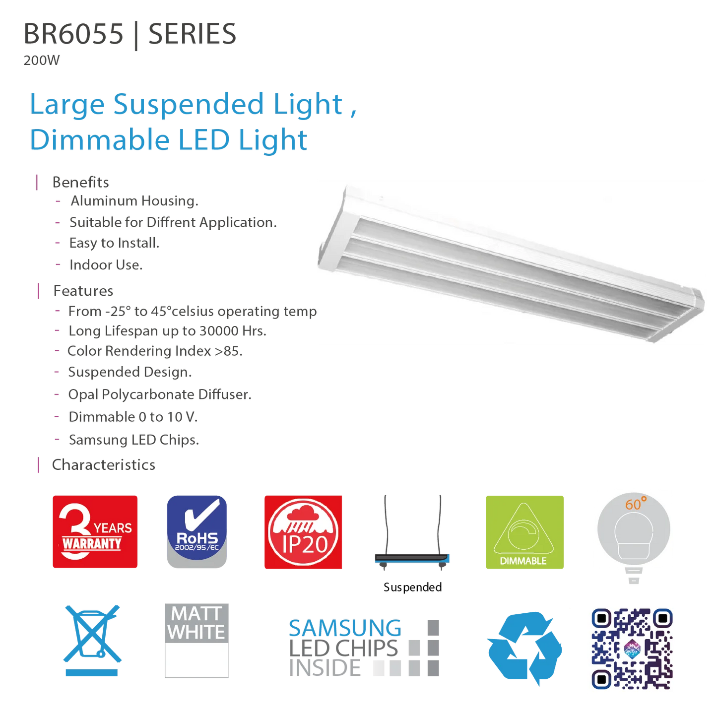 Ultralight LED Pendent Light 200W - Dimmable - IP67 (BR6055)