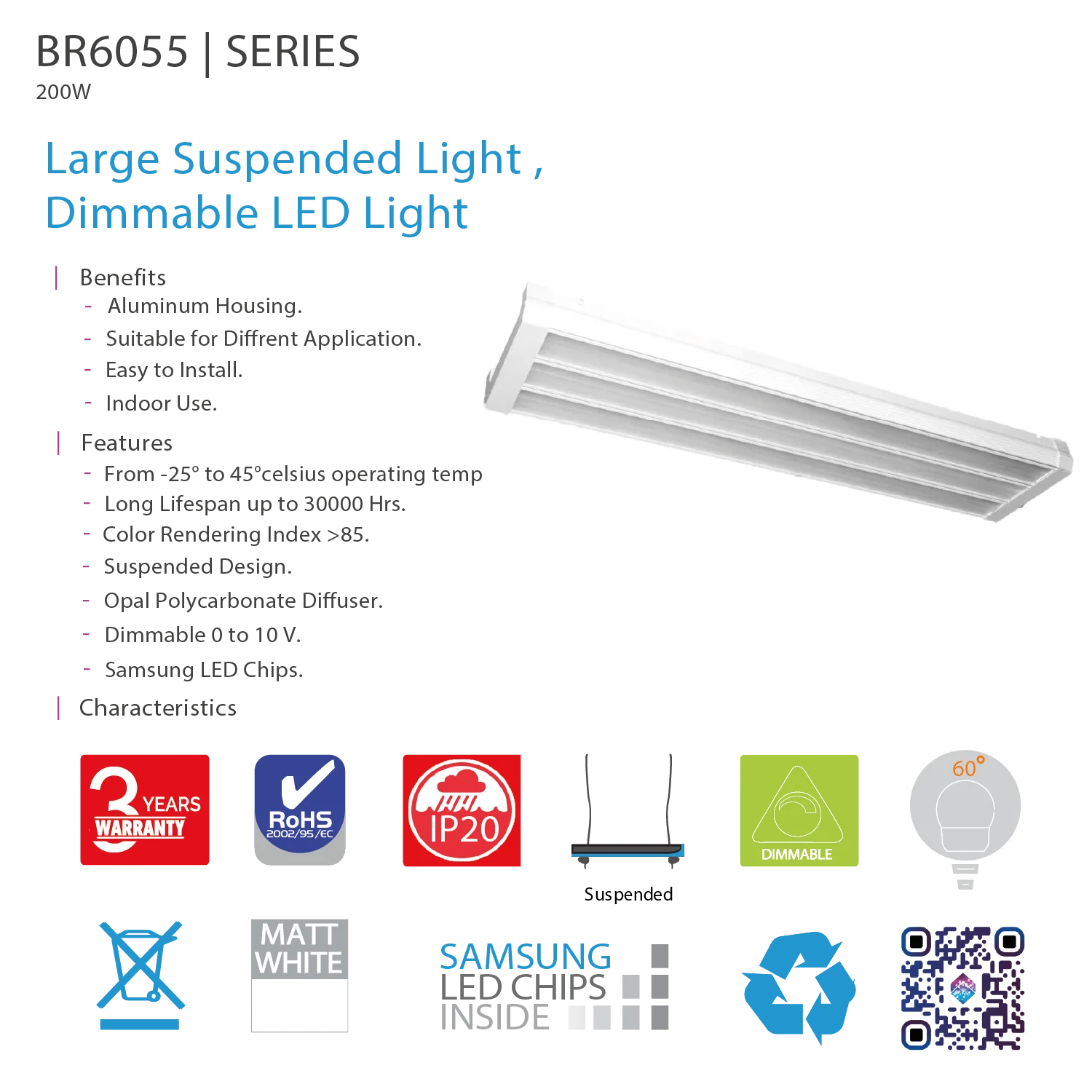 Ultralight LED Pendent Light 200W - Dimmable - IP67 (BR6055)