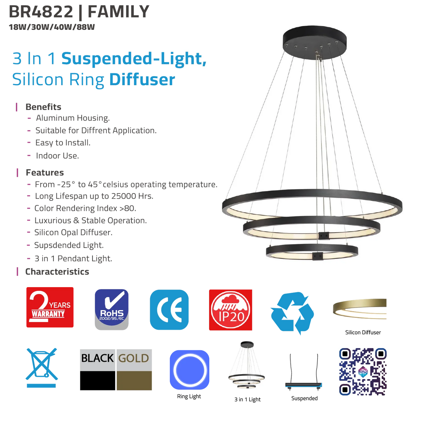 LED Pendant Light (BR4822) – 3-in-1 Suspended Modern Chandelier with Silicon Ring Diffuser