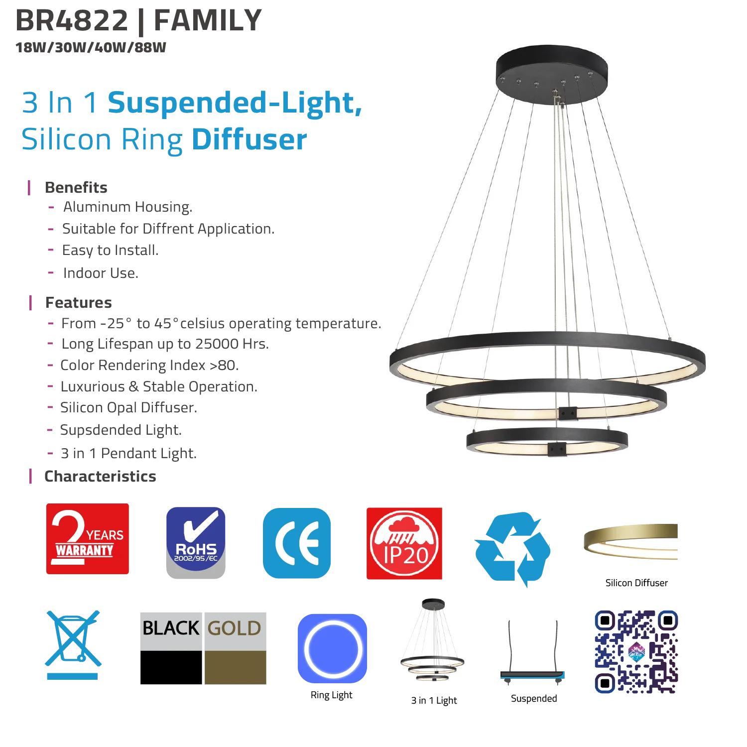LED Pendant Light (BR4822) – 3-in-1 Suspended Modern Chandelier with Silicon Ring Diffuser