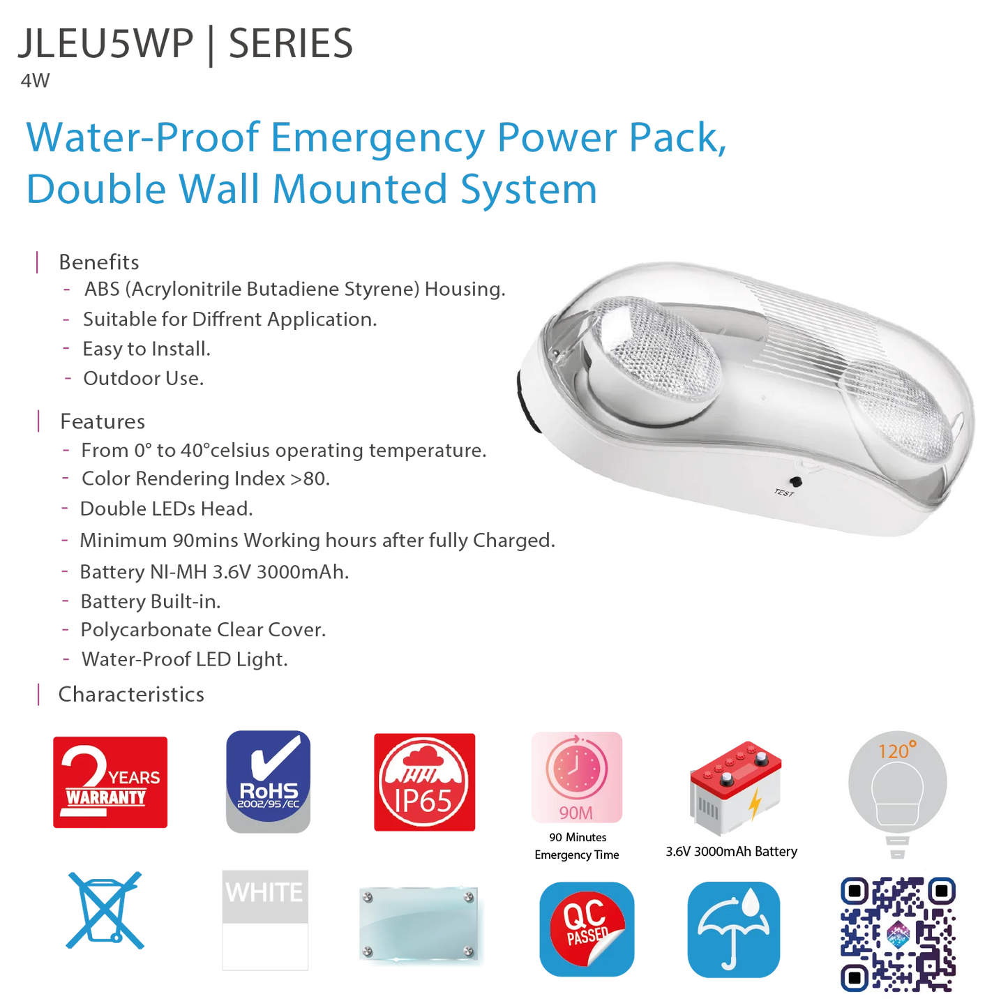 Ultralight Emergency LED Lighting 4W IP65 (JLEU5WP)