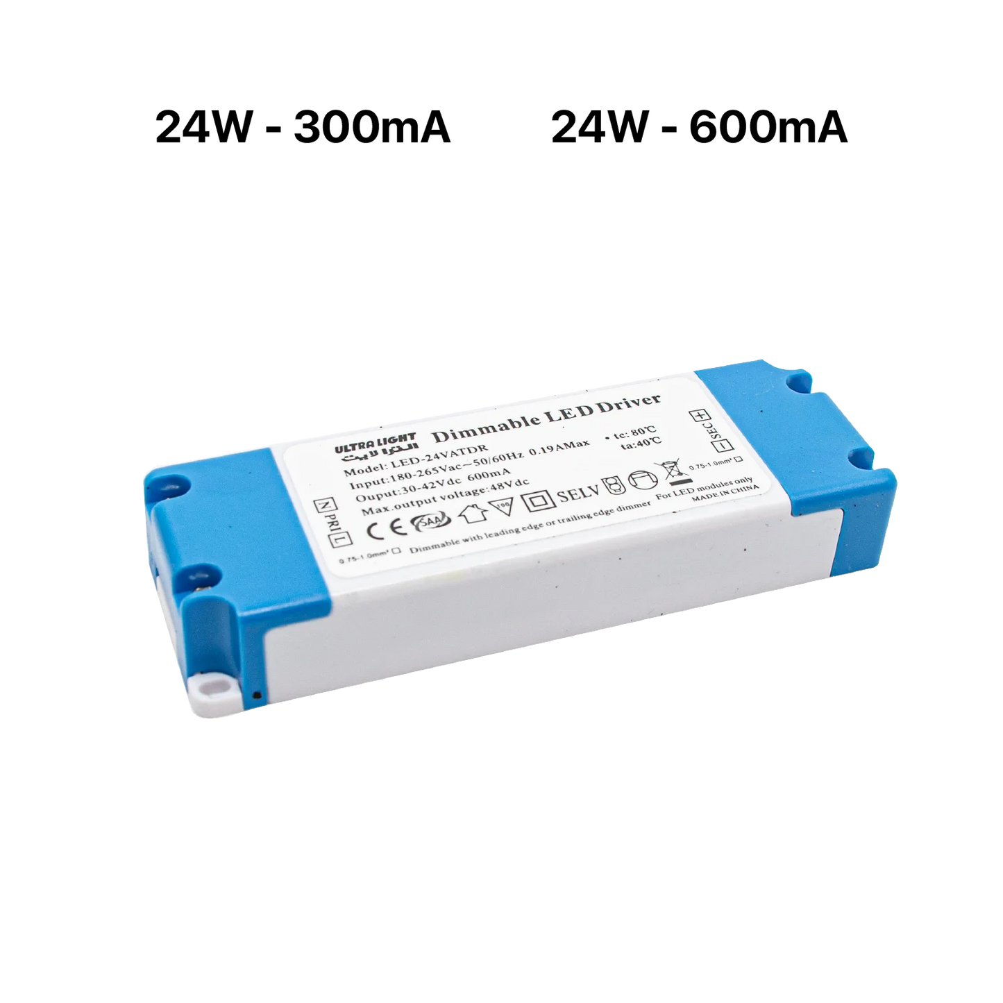 Dimmable LED driver with specifications on a white background