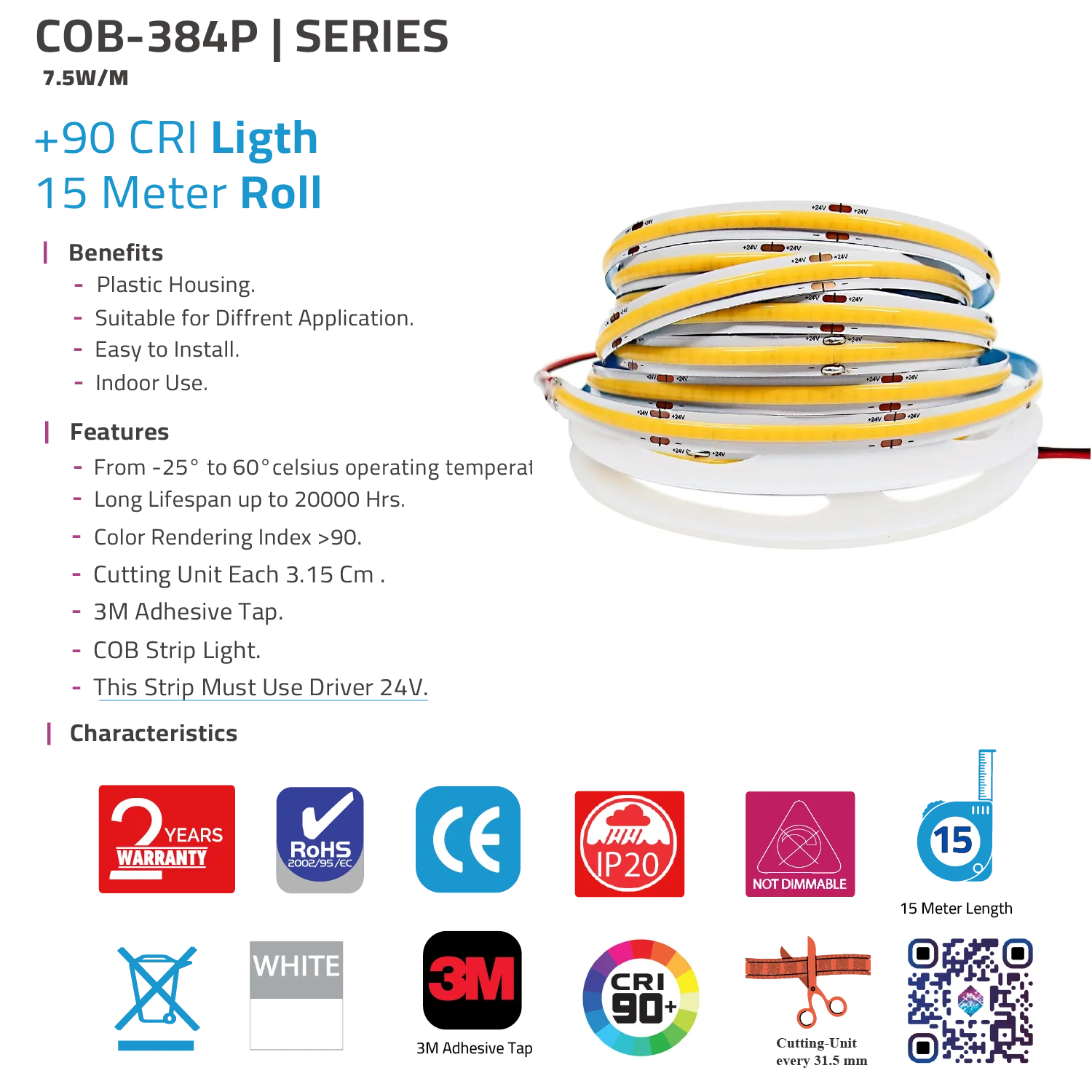 Ultra Light COB LED Strip Light - 15m - High CRI >90 (COB-384P)
