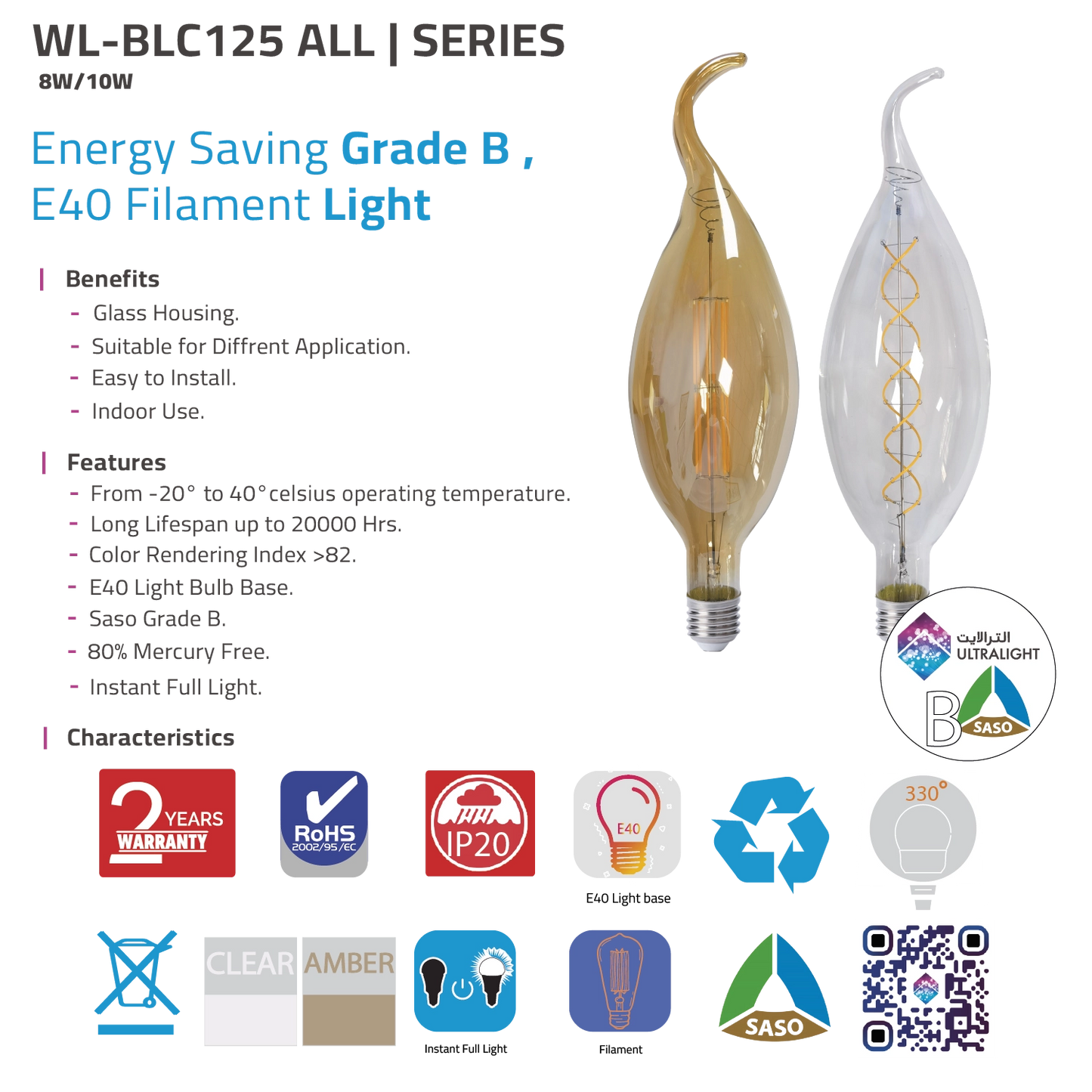 Ultra Light LED Filament Bulb – E40 Energy Saving Decorative Lighting (WL-BLC125)