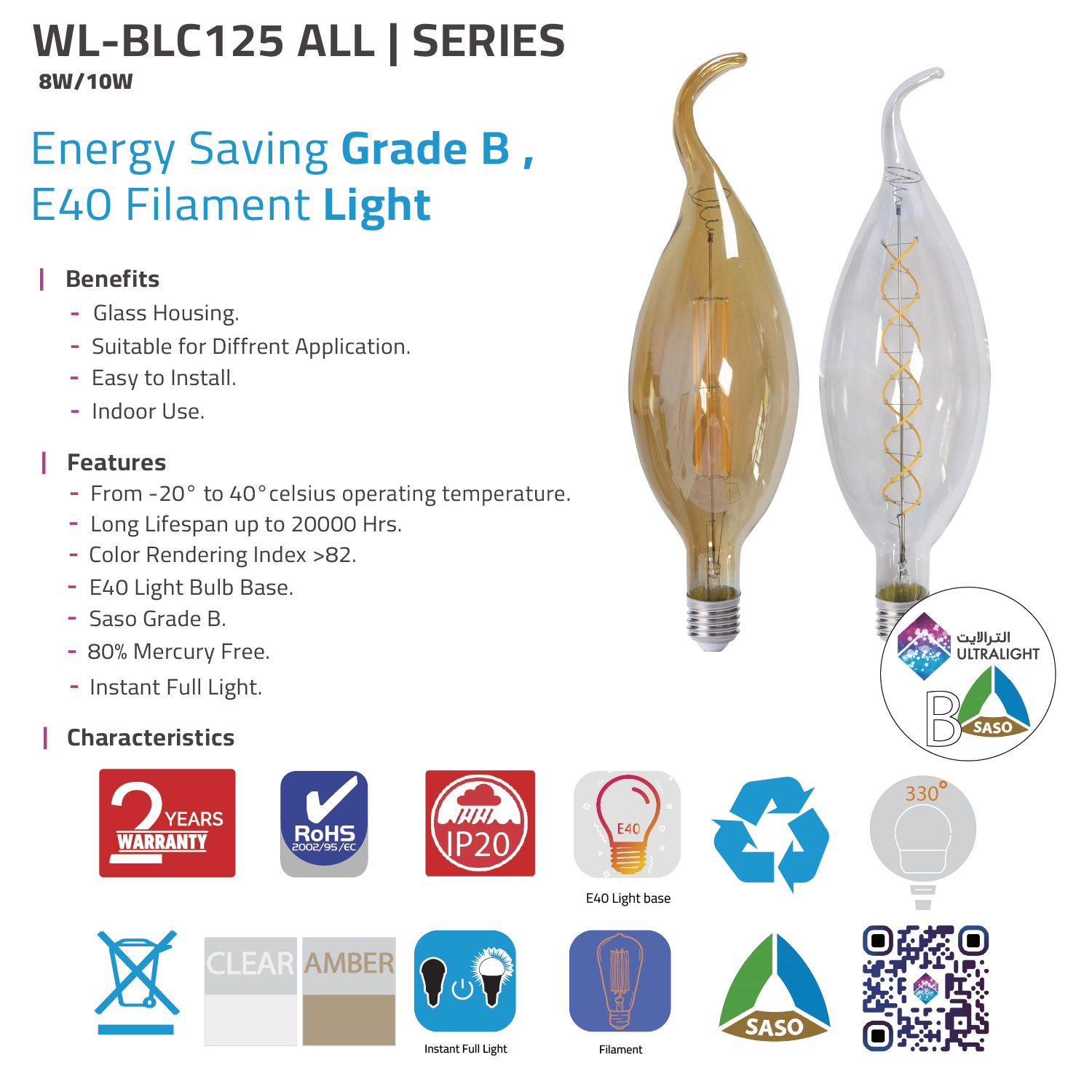 Ultra Light LED Filament Bulb – E40 Energy Saving Decorative Lighting (WL-BLC125)