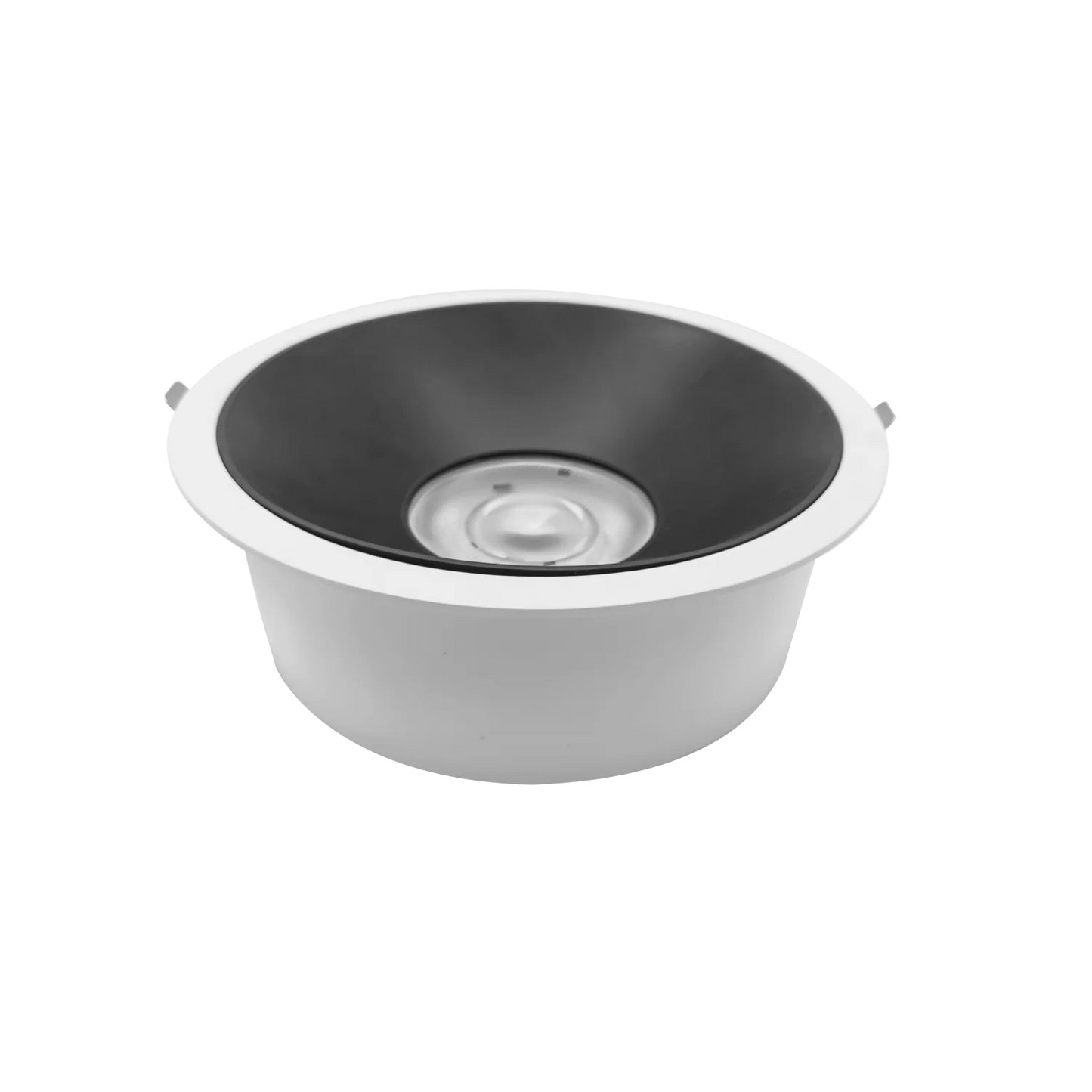 Round metal sink with black interior and white exterior on a white background