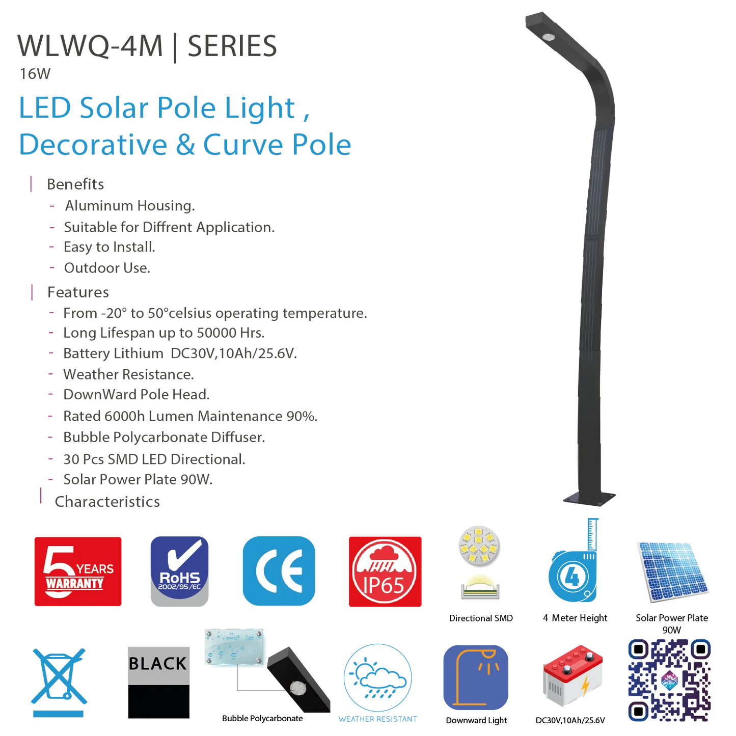 Ultralight Solar Pole Light 4Meter 16W IP65 (WLWQ)