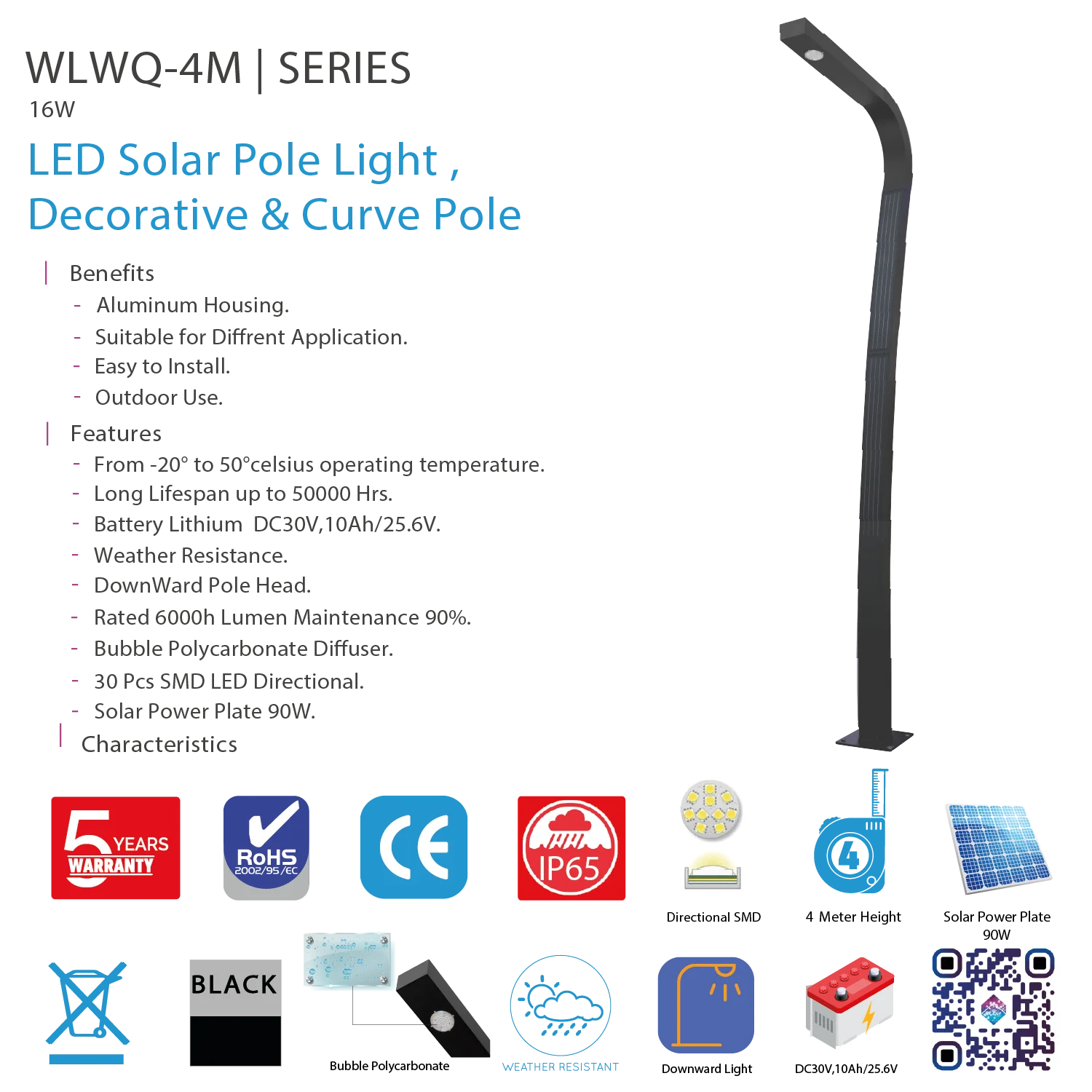 Ultralight Solar Pole Light 4Meter 16W IP65 (WLWQ)