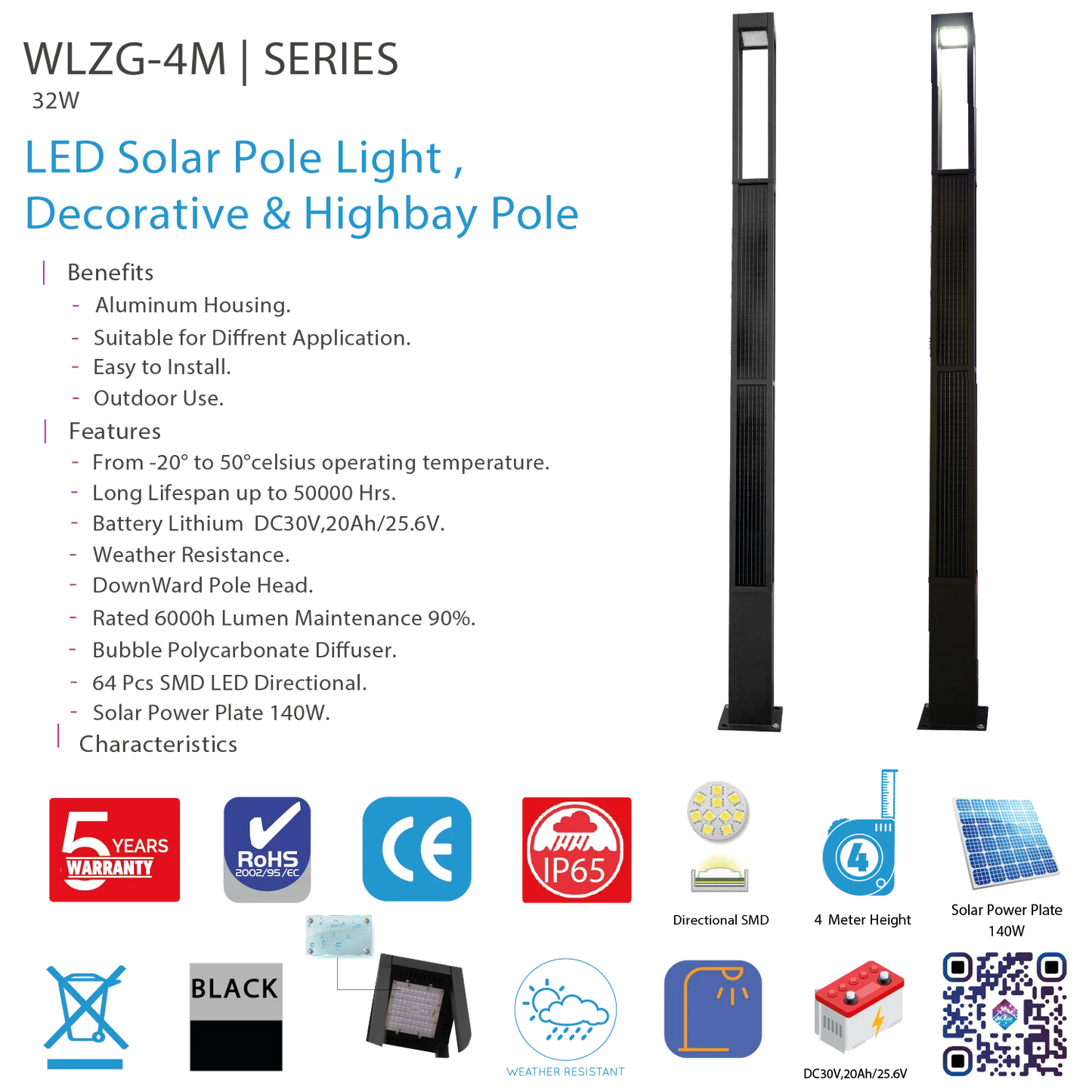 Ultralight Solar Pole Light 4 Meter 32W IP65 (WLZG)