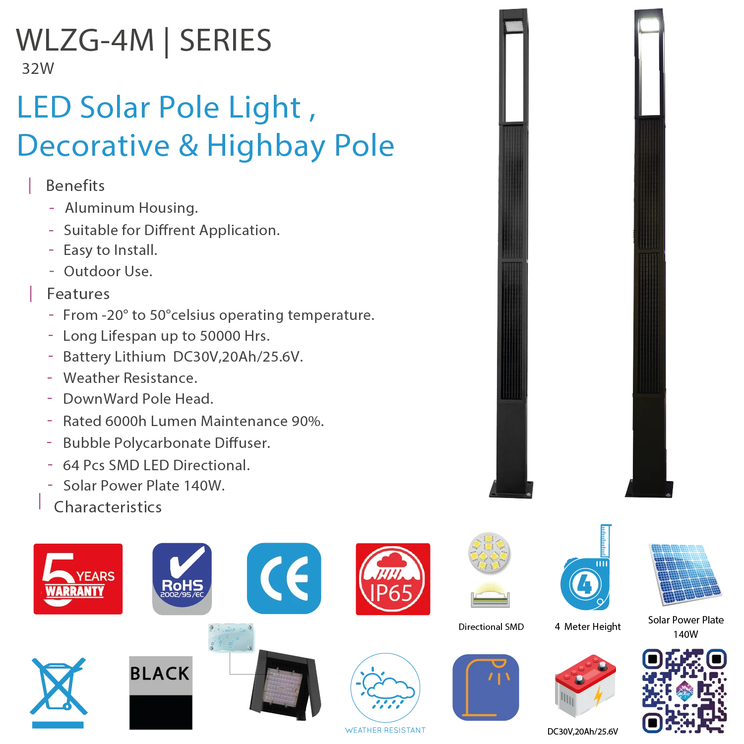 Ultralight Solar Pole Light 4 Meter 32W IP65 (WLZG)