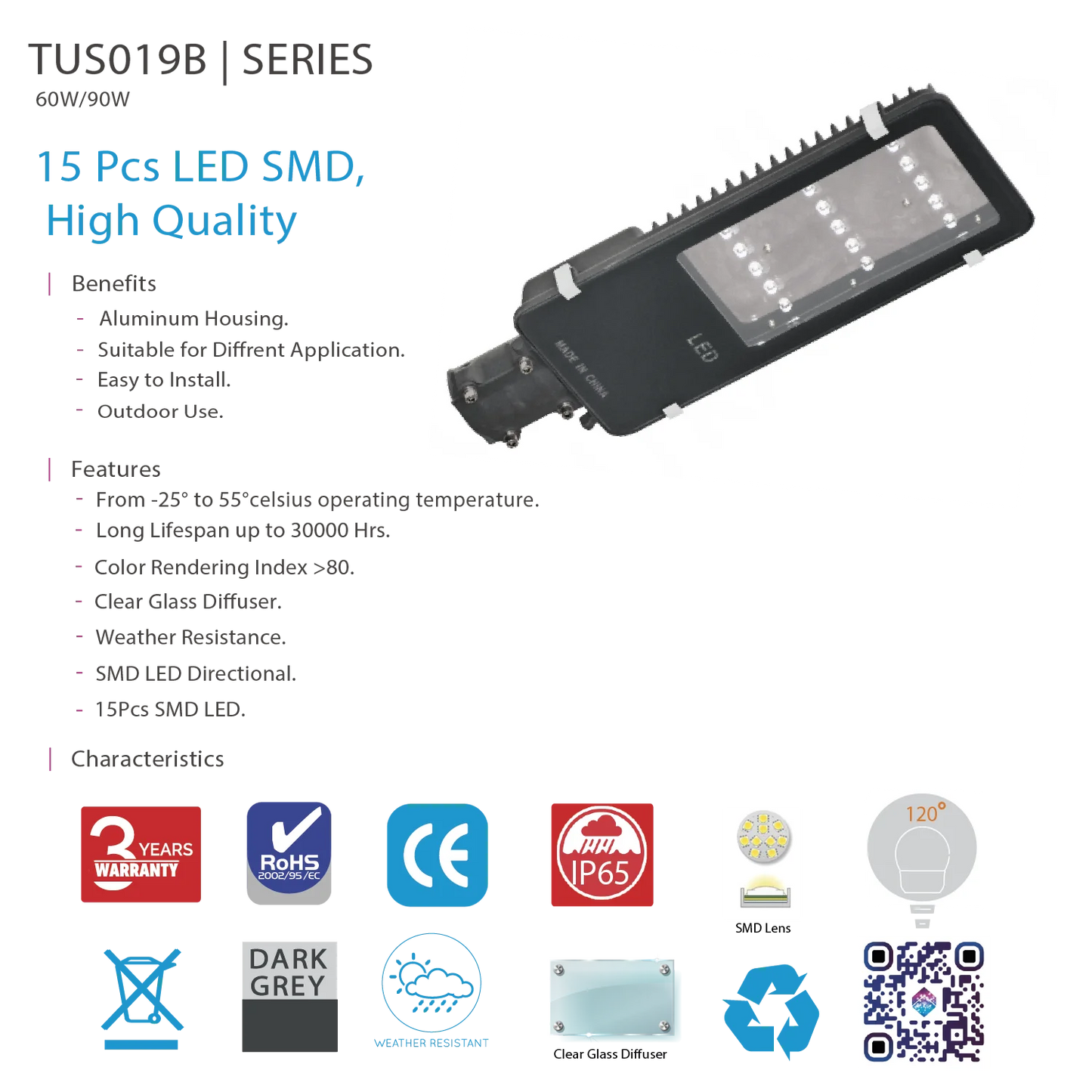 Ultra Light LED Street Light, 60W – 90W, IP65 Aluminum Housing (TUS019B)