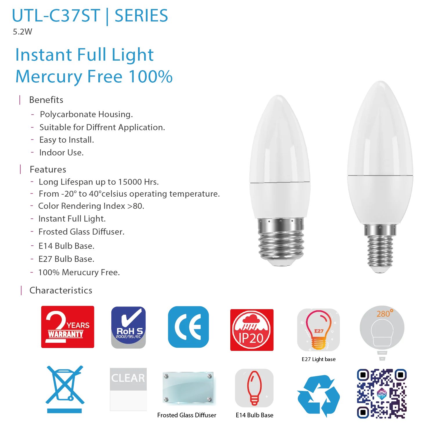 Ultralight LED Bulb Light 5.2W (UTL-C37ST)