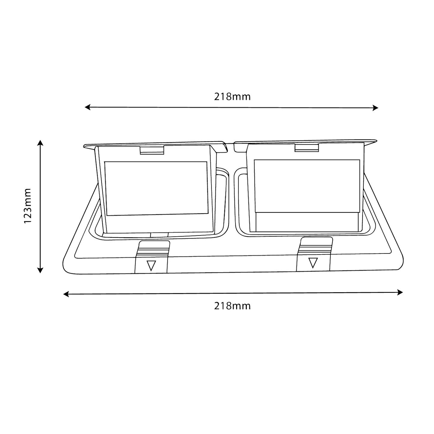 Technical drawing of a car sun visor with dimensions labeled