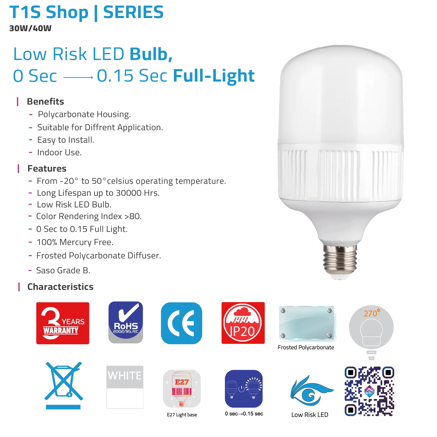 LED LIGHT BULB E27 (T1S Shop) – Instant Full-Light, High Efficiency