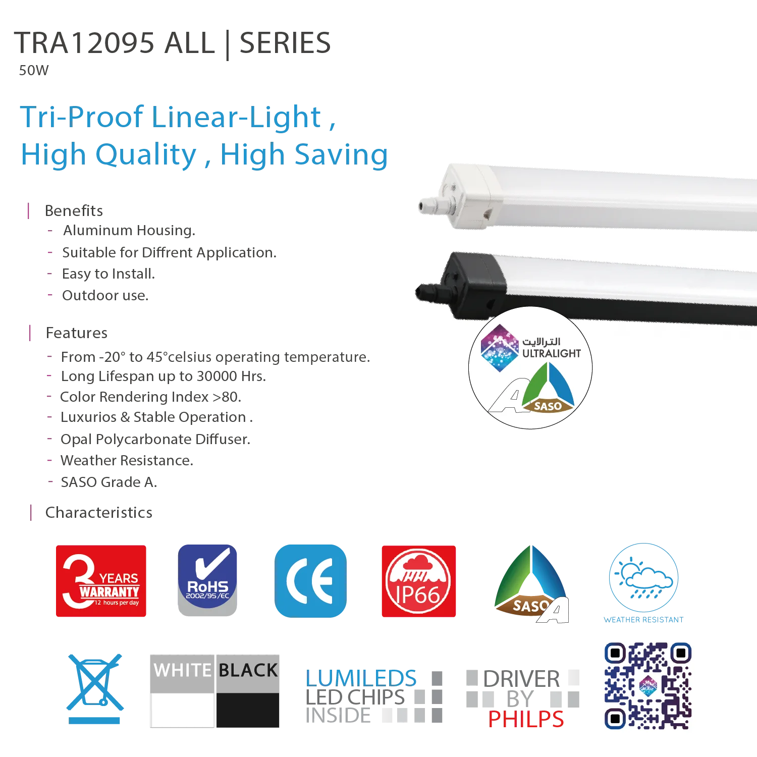 Ultralight Tri-Proof LED Linear Light 50W IP66 (TRA12095)