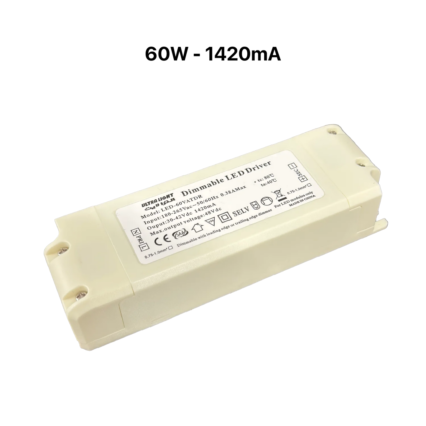 Dimmable LED driver with specifications on a white background