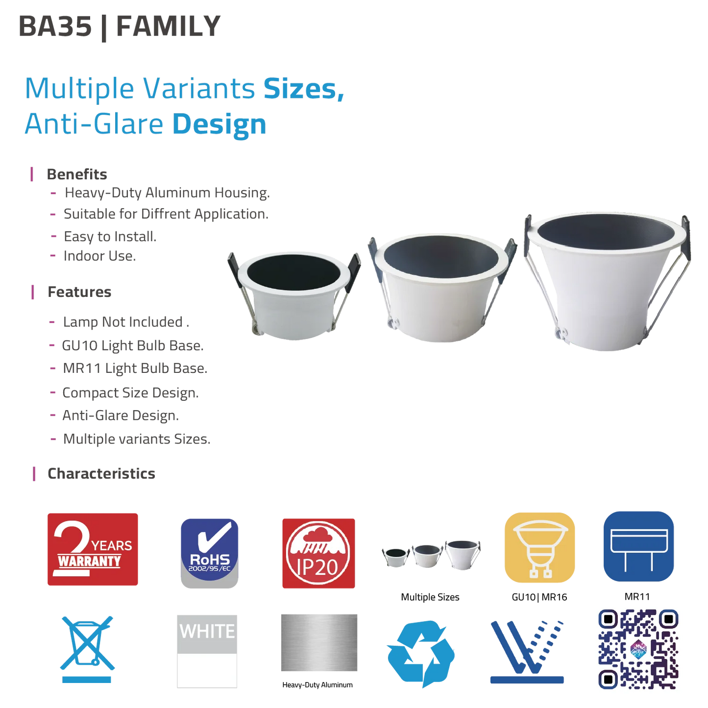إطار سبوت لايت داخلي – تصميم مضاد للوهج بمقاسات متعددة (BA352)