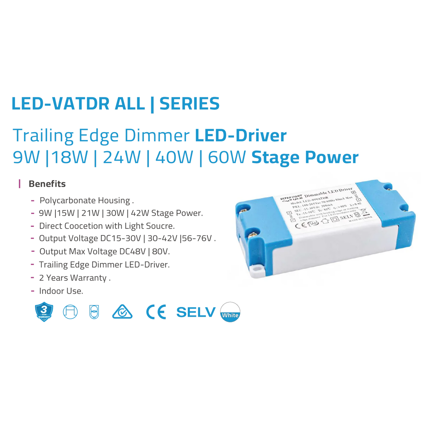 LED driver with specifications and benefits on a white background