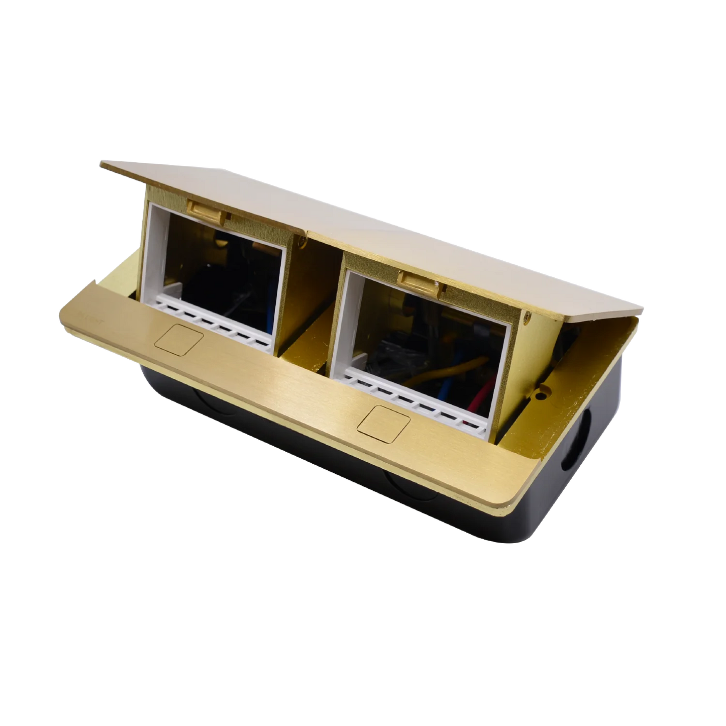 Gold and black electronic device with two screens on a white background
