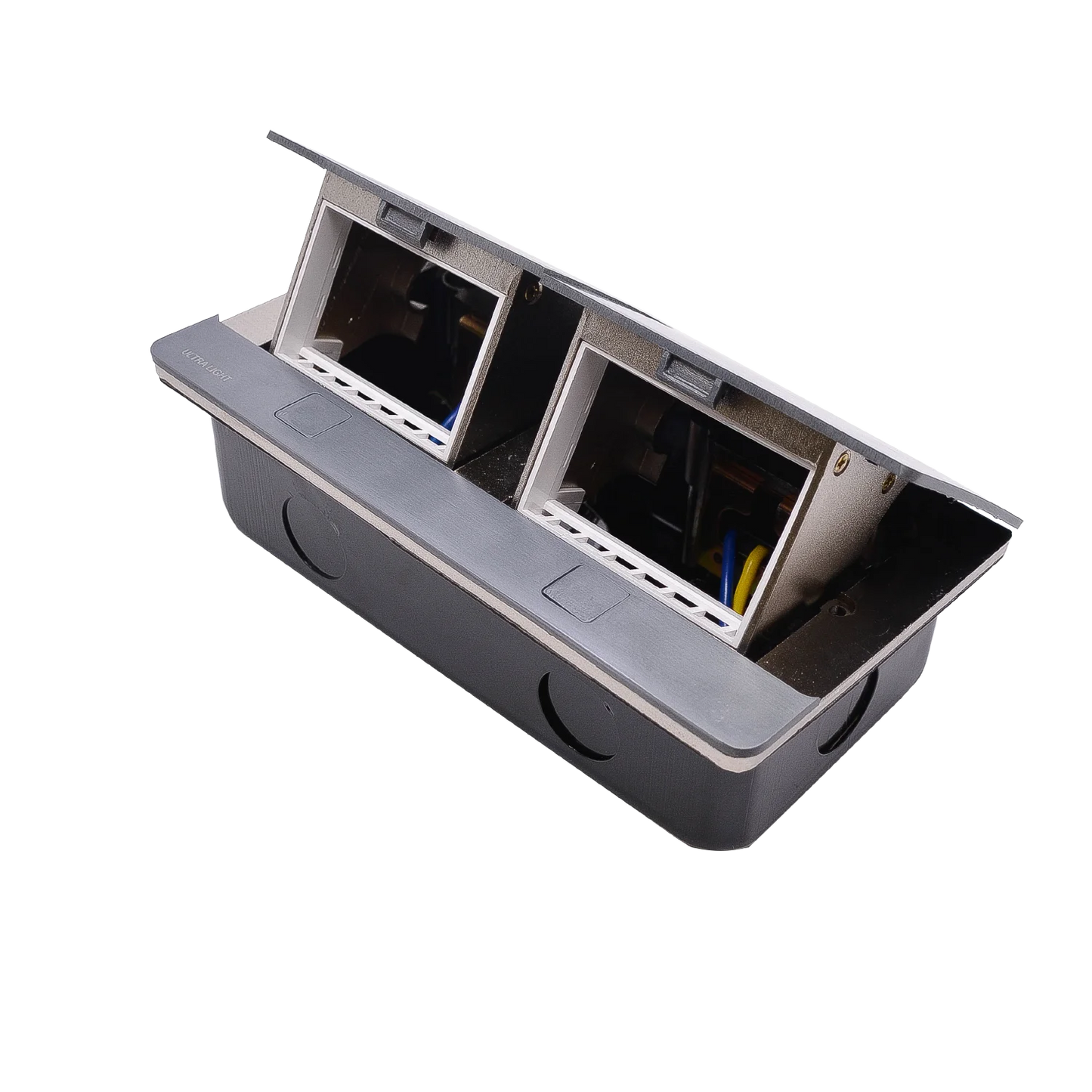Gray electronic device with two open compartments on a white background