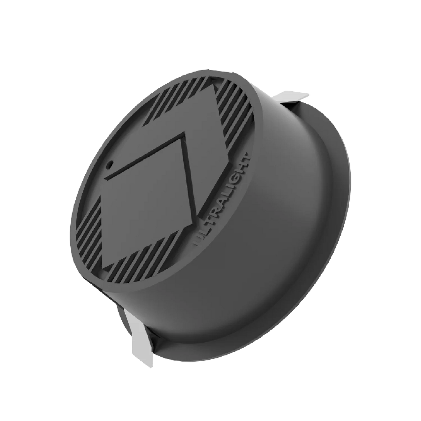 Black camera lens cap with brand logo on a white background