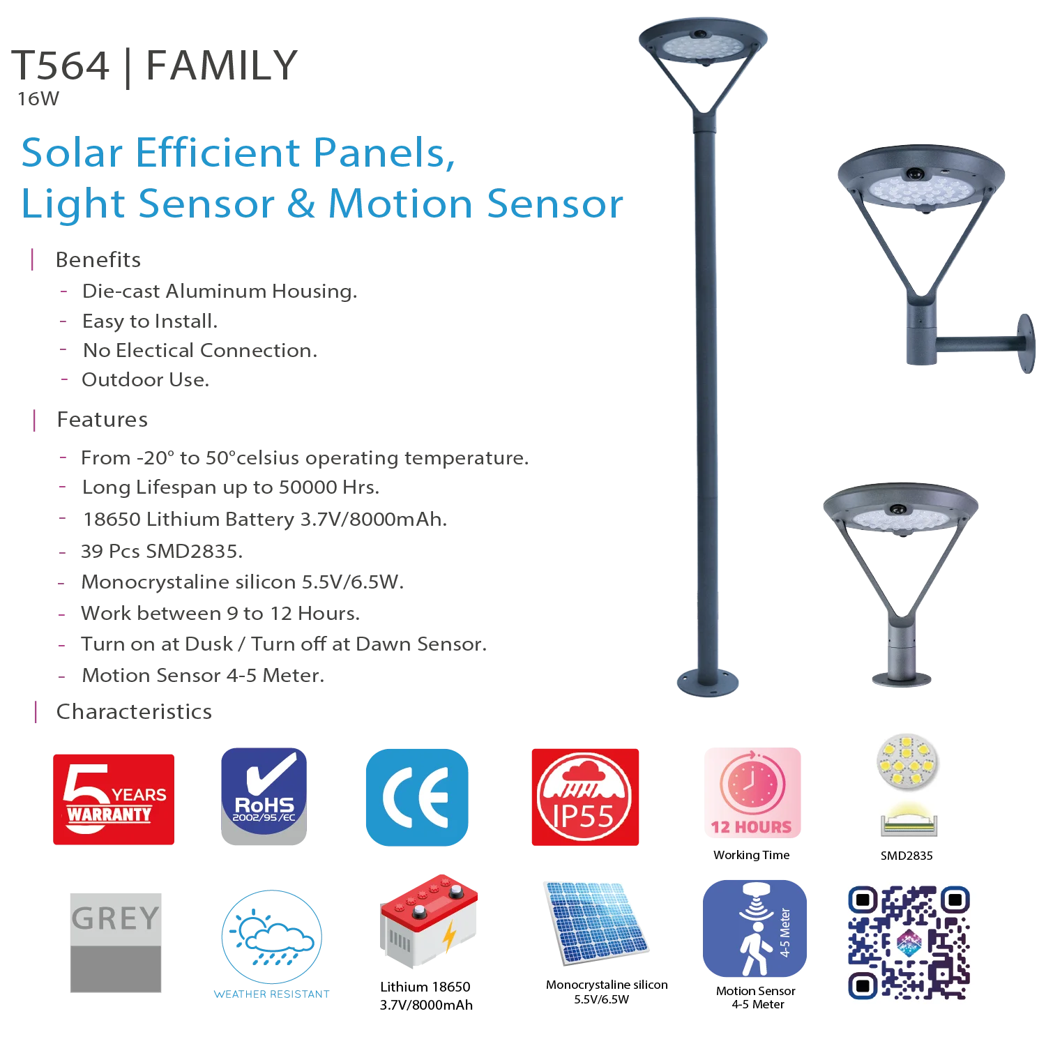 Ultralight Solar Garden Light with Motion Sensor 16W IP55 (T564)