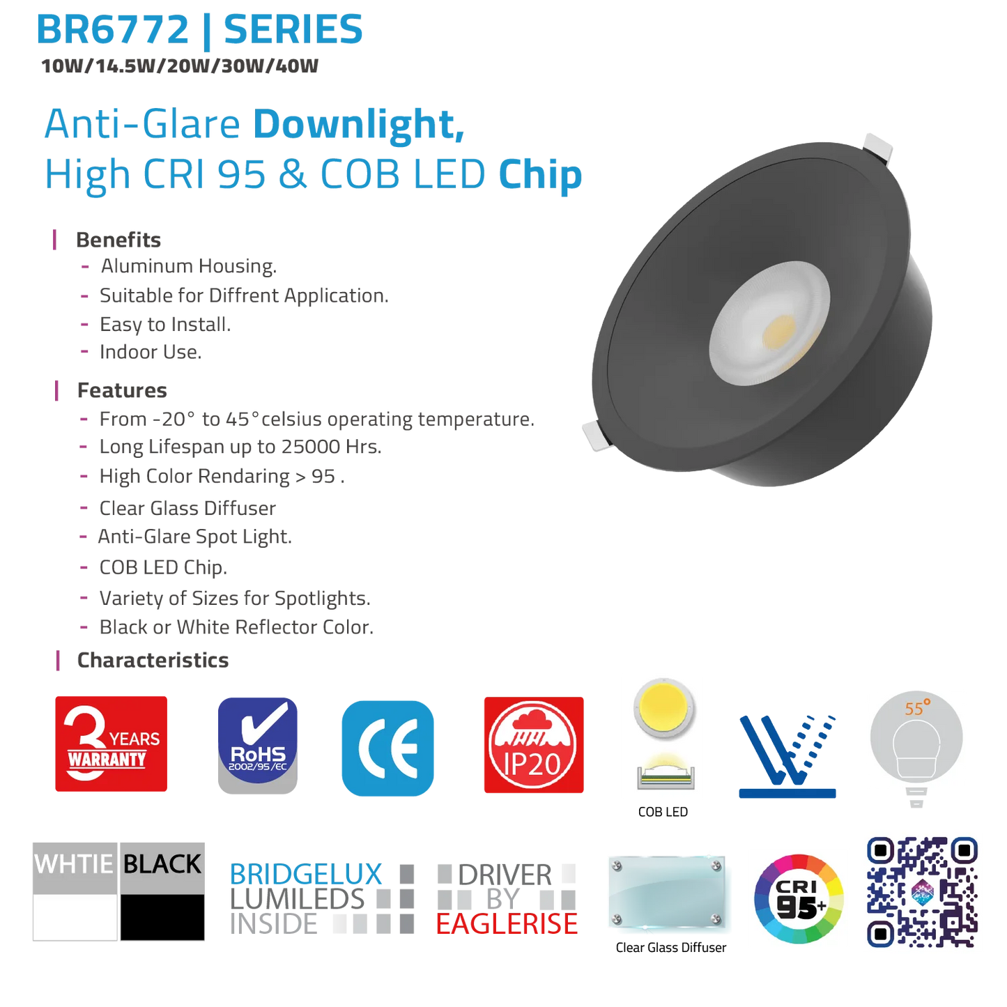 Ultralight COB LED Downlight - Anti Glare and CRI 95 (BR6772)