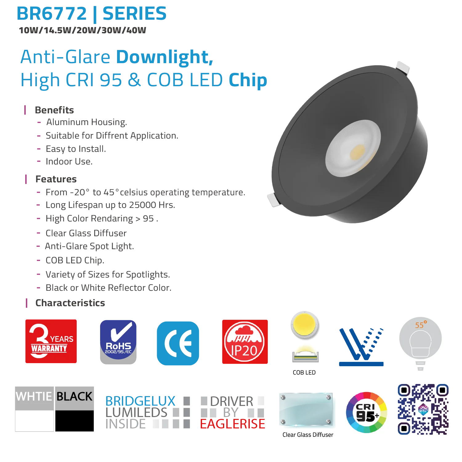 Ultralight COB LED Downlight - Anti Glare and CRI 95 (BR6772)