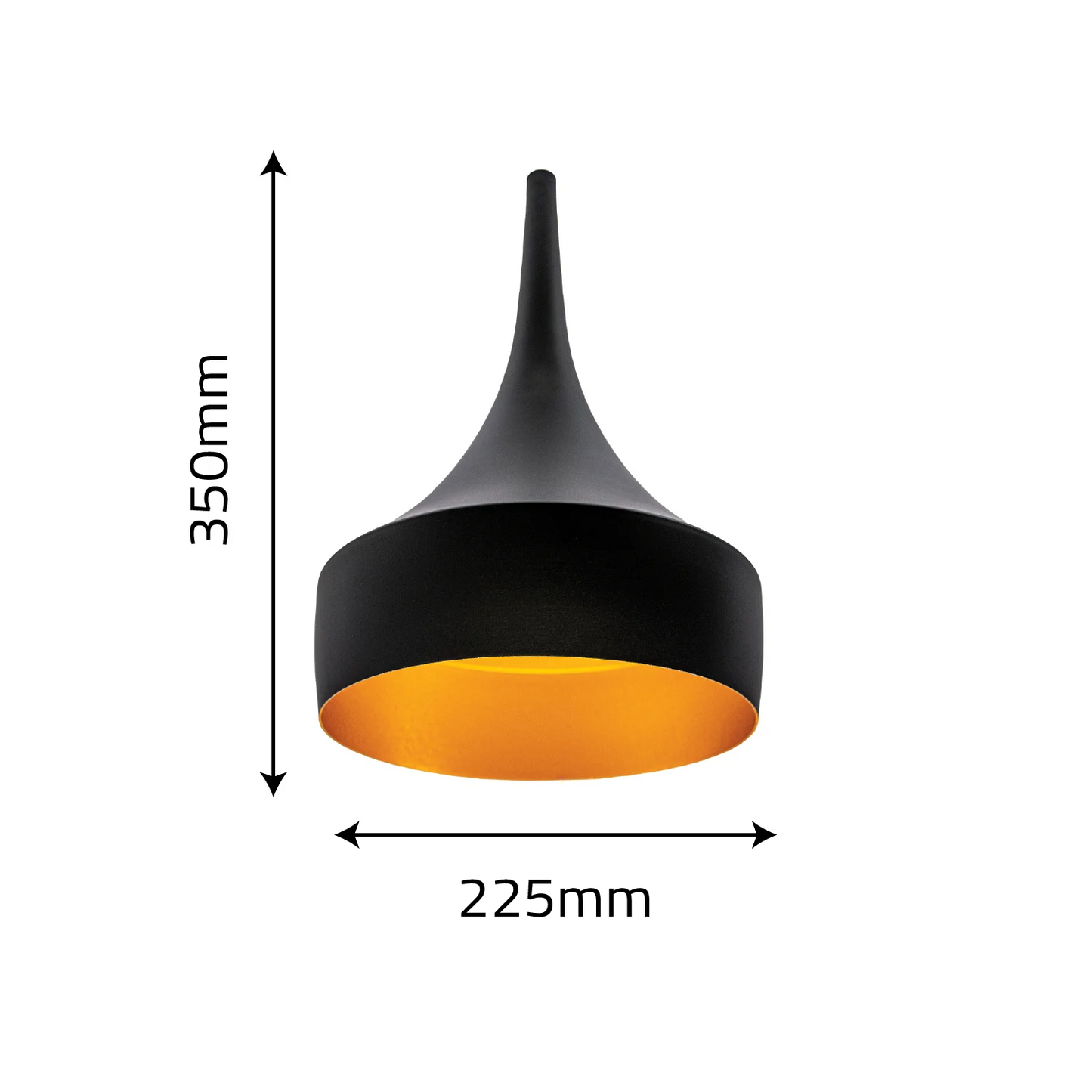 Black and orange pendant light with measurements on a white background