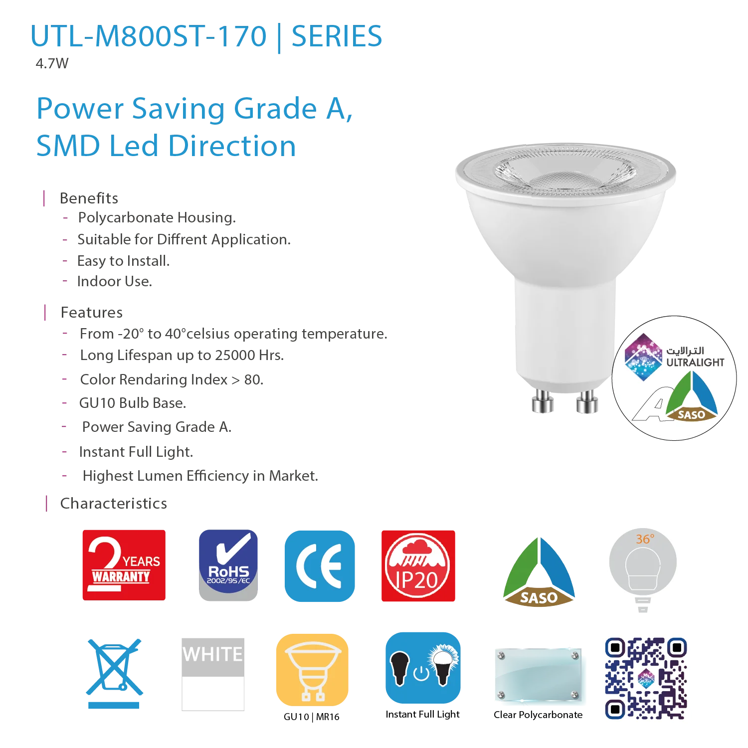 Ultralight LED Bulb 4.7W GU10 - Most Efficient Lighting 170 lm/W (UTL-M800ST-170)