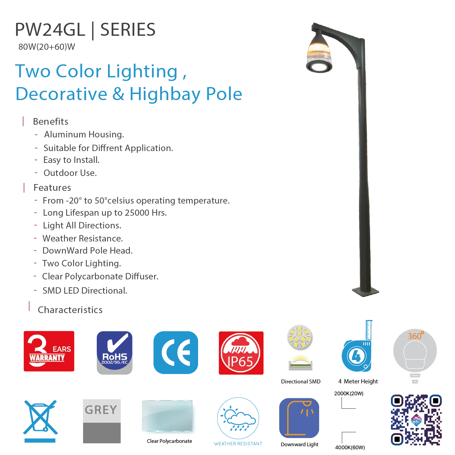Ultralight LED Pole Light 80W IP65 (PW24GL)