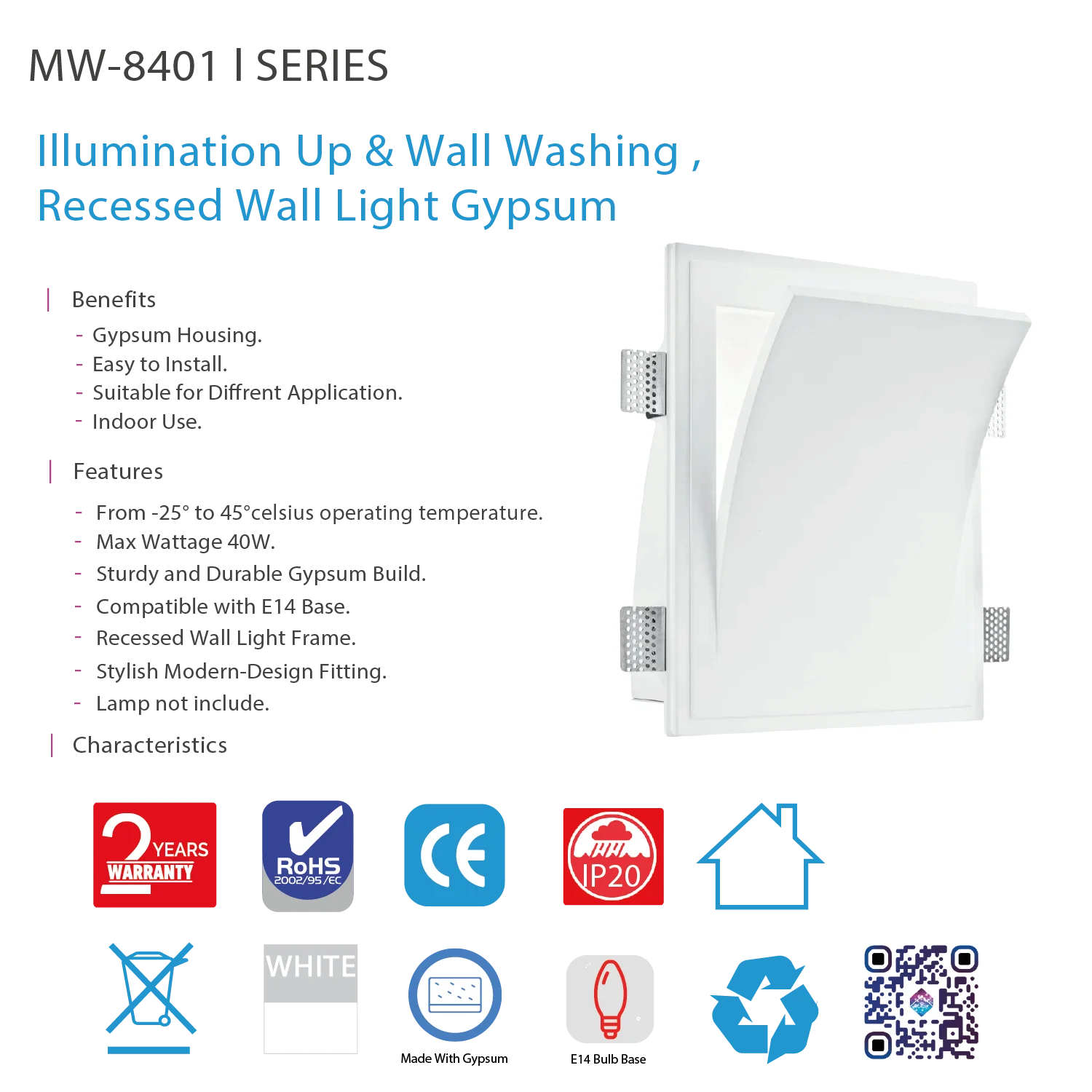 Ultralight Recessed Gypsum wall Light Frame E14 (MW-8401)