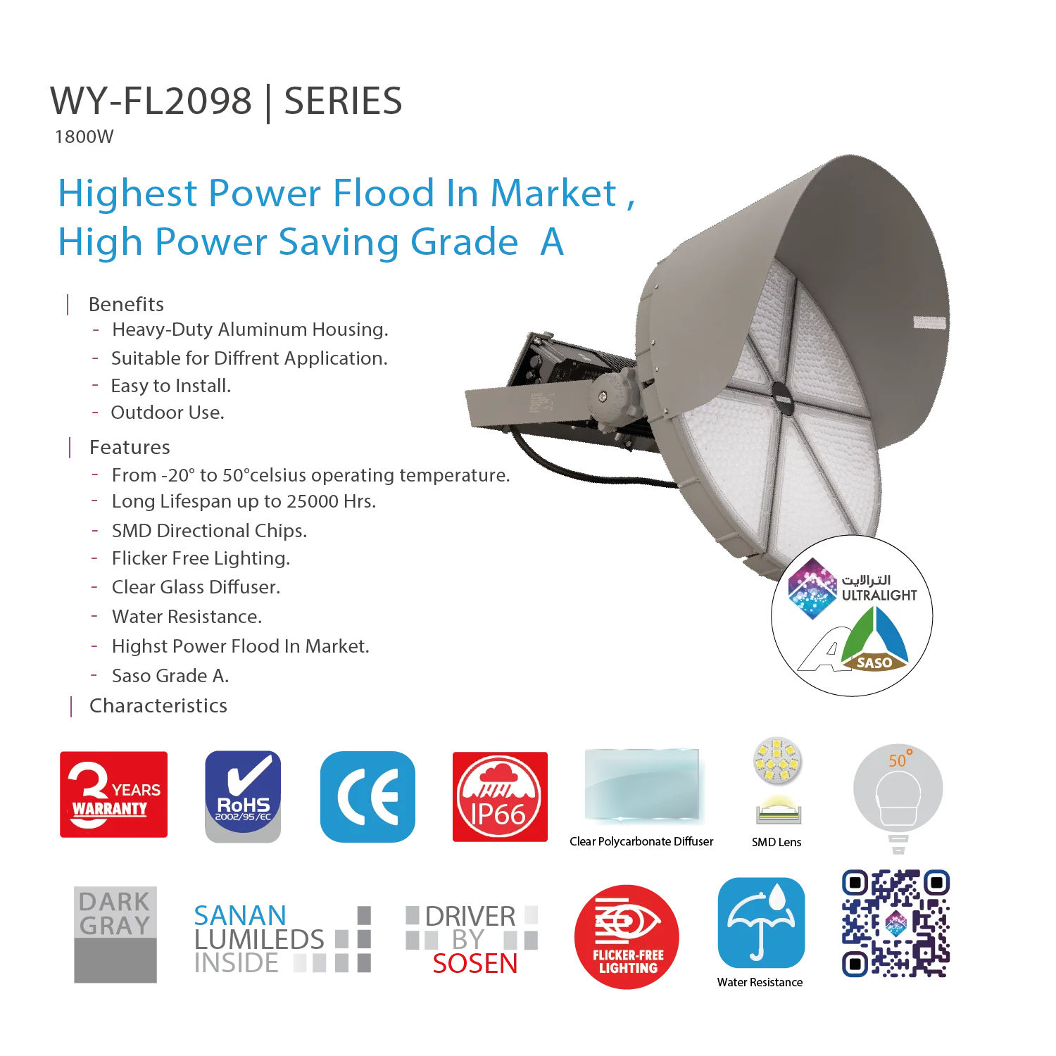 Ultralight LED Flood Light - Highest Power Flood in Market 1800W (WY-FL2098)