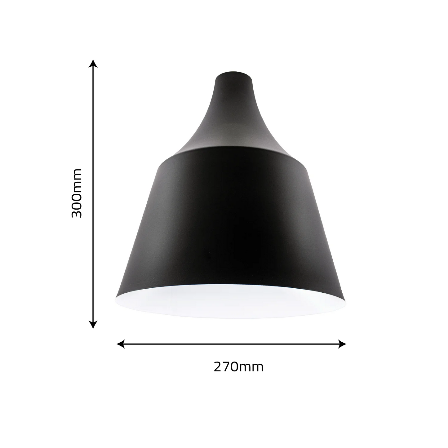 Black pendant light with measurements on a white background