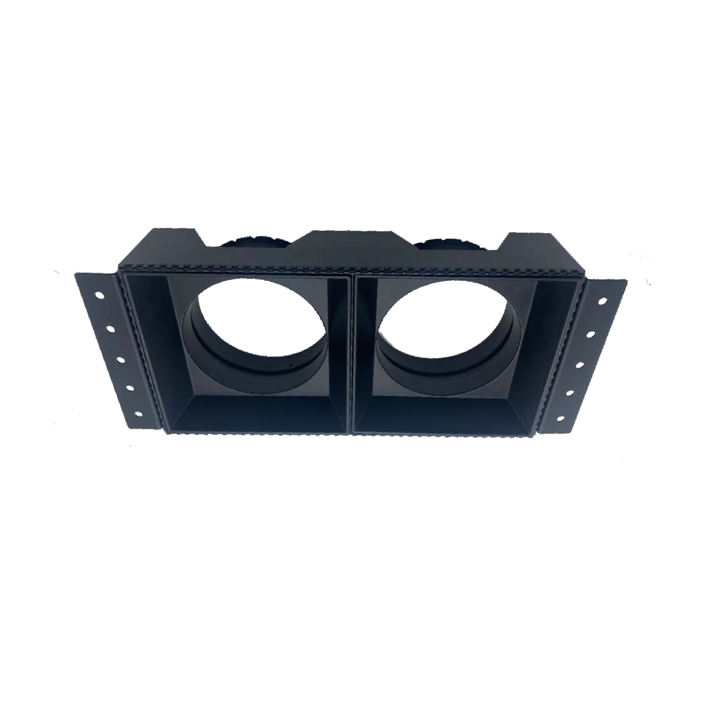 Black metal bracket with two circular holes on a white background