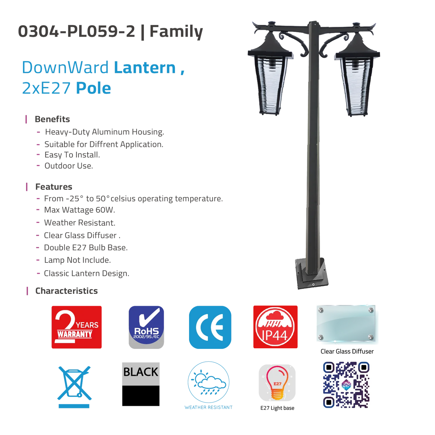 Outdoor Pole Light with Dual Classic Lanterns (0304-PL059-2) - 2.5 Meters - IP44 Weather-Resistant - 2xE27 Bulb Bases