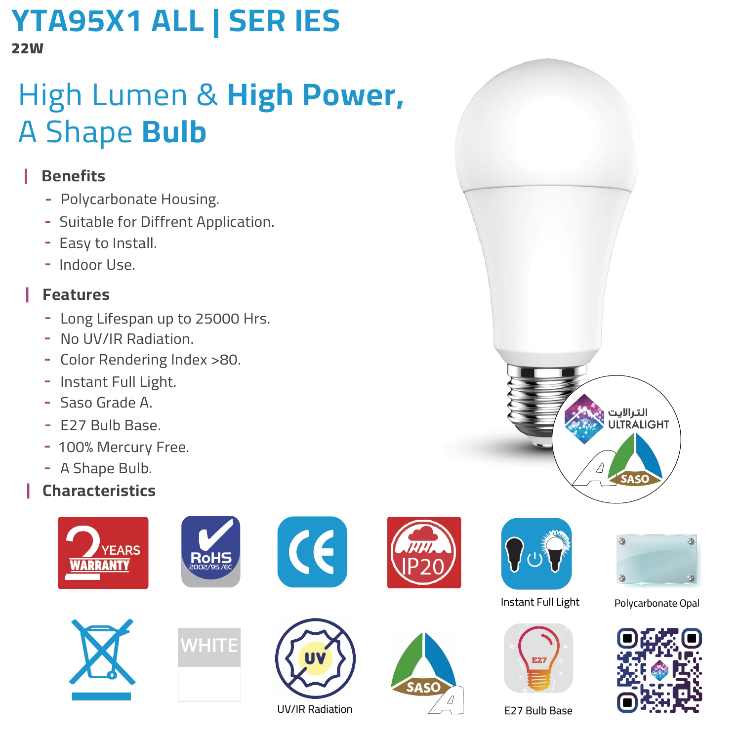 Ultra Light LED Light Bulb – High Lumen & High Power 22W E27 Base (YTA95X1)